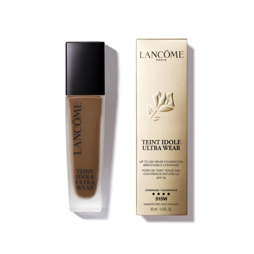A bottle of Lancôme foundation next to its box, labeled Teint Idole Ultra Wear, SPF 35, 30ml.