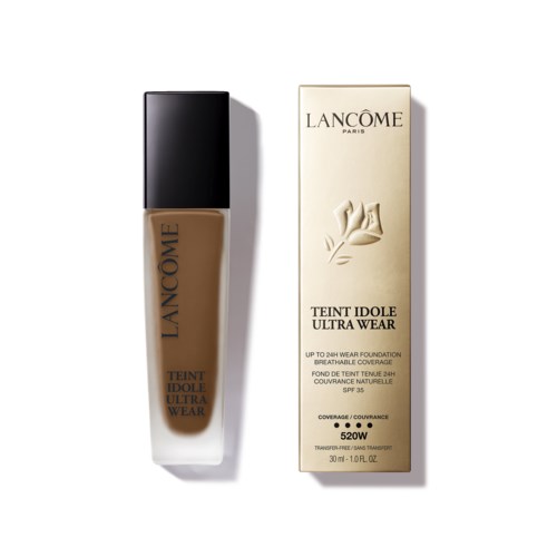 A foundation bottle and its box, both labeled Lancôme Teint Idole Ultra Wear, with shades and SPF information.