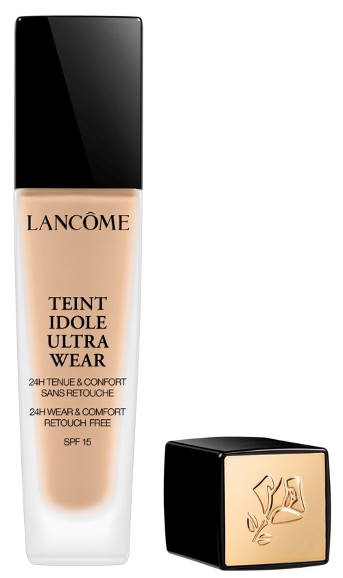 En flaska Lancôme-grundfärg med svart lock och fyrkantig svart och guld behållare.