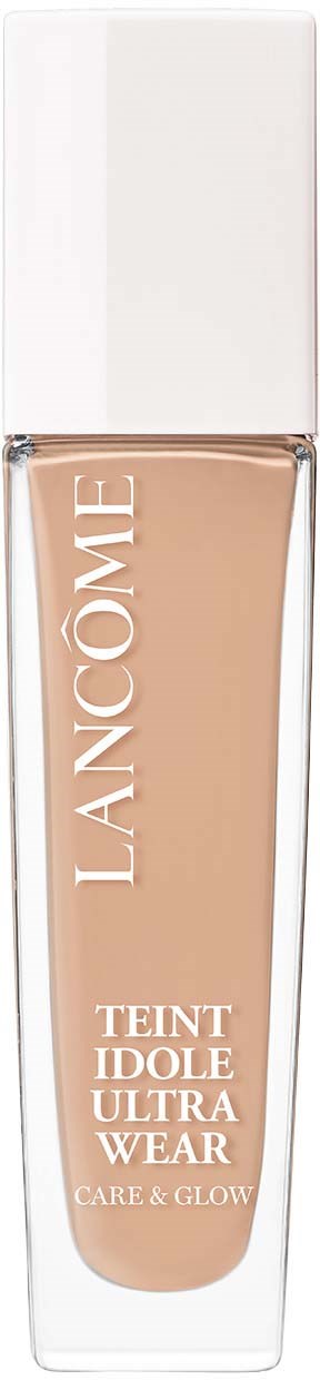 A foundation product in a clear bottle with a white cap, labeled with brand and product details.