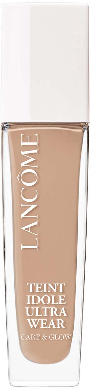 A makeup bottle with beige liquid, white cap, and Lancôme brand name on the front.