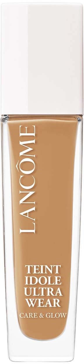 A bottle of liquid foundation with a beige shade, branded as Lancôme Teint Idole Ultra Wear.