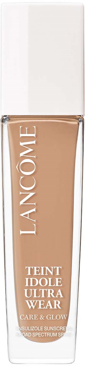 A bottle of Lancôme Teint Idole Ultra Wear foundation with a white cap, labeled for sun protection and glow.