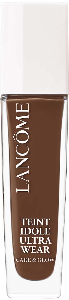 A brown liquid foundation bottle with a white cap and white text, labeled 'Lancôme Teint Idole Ultra Wear'.