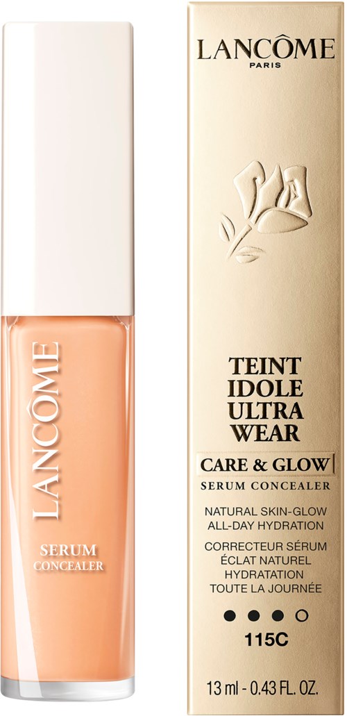 A Lancôme serum concealer bottle and box with beige color, floral design, and product details.