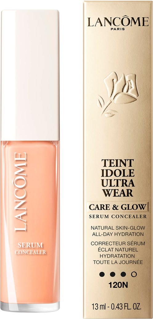 Lancôme serum concealer in a peach-colored bottle with a white cap, and a beige box with black text and a flower logo.