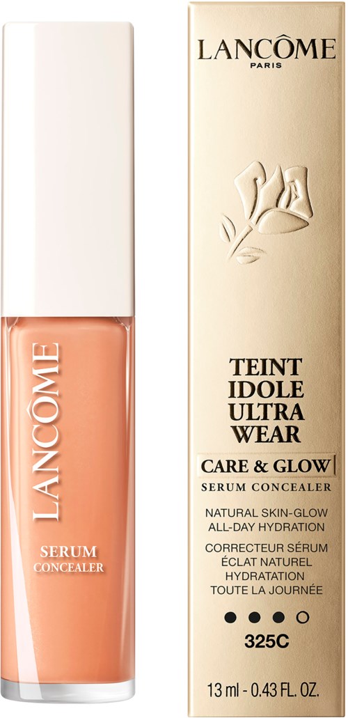 Lancôme Teint Idole Ultra Wear serum concealer bottle and box, beige tones, product name highlighted.