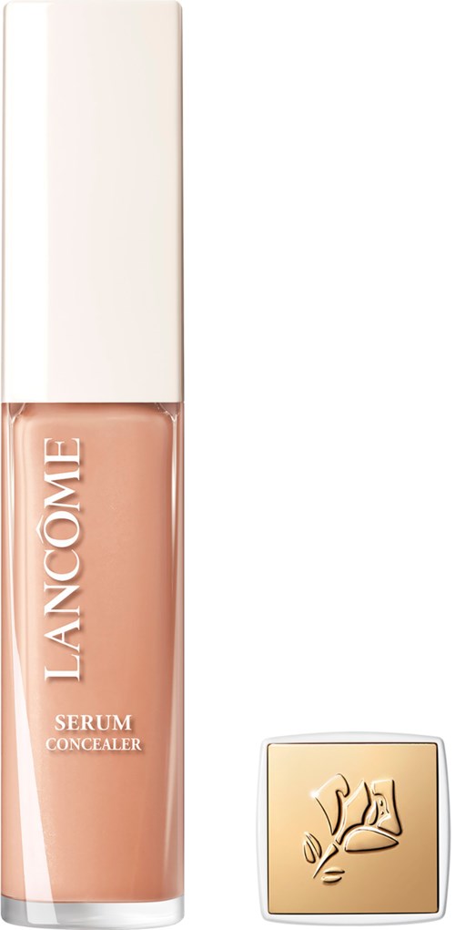 Lancôme Concealer Serum in a beige bottle with a white cap, featuring the Lancaster logo on the side.