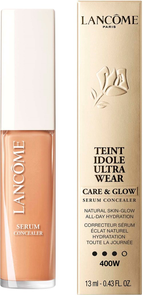 A beige bottle and box displaying Lanc 4me Teint Idole Ultra Wear serum concealer with brand name, product details, and SPF 400.
