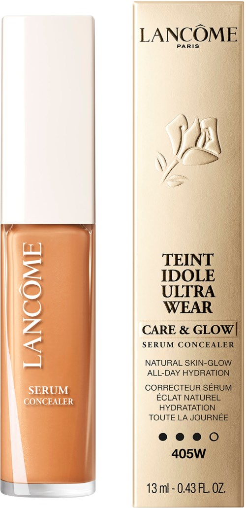 A bottle of Lancôme Teint Idole Ultra Wear serum concealer and its box. The packaging is white and beige.