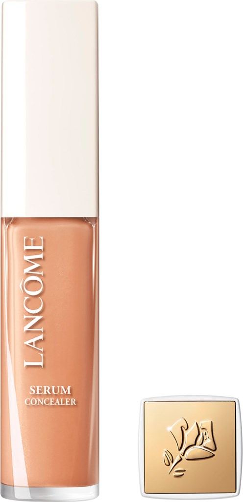 A beige liquid concealer in a tall bottle with white cap and Lancôme logo on the front.
