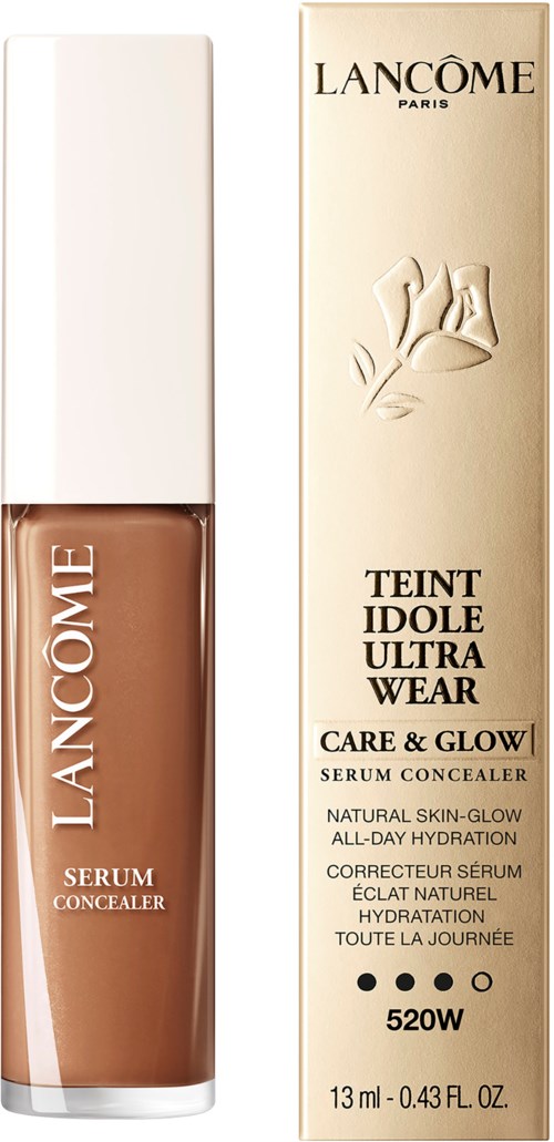 Een Lancôme-serumconciealer en de doos, in beige en wit, met productnaam en beschrijving.