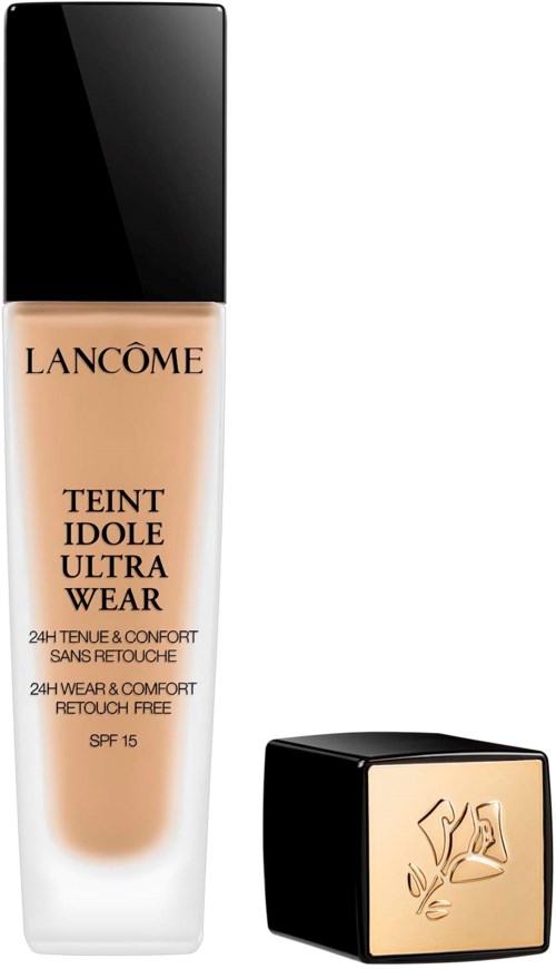 Lancôme flytande foundationflaska med svart lock och en liten, kvadrat, guldfärgad behållare i närheten.