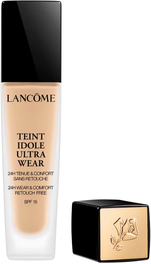 Foundationflaska med svart lock och guld-logo, märkt 'Lancôme Teint Idole Ultra Wear'.