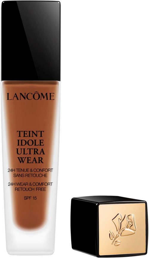 Lancôme-meikkivoidepullo ja neliön muotoinen huultenrajauskynän kotelo, jossa on kultainen logo.