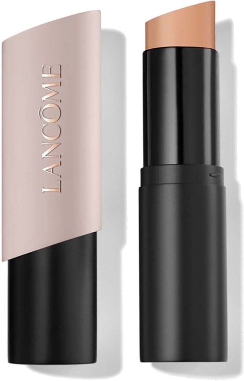 A beige lipstick with black casing and a beige cap placed beside it. The brand name Lancôme is on the cap.