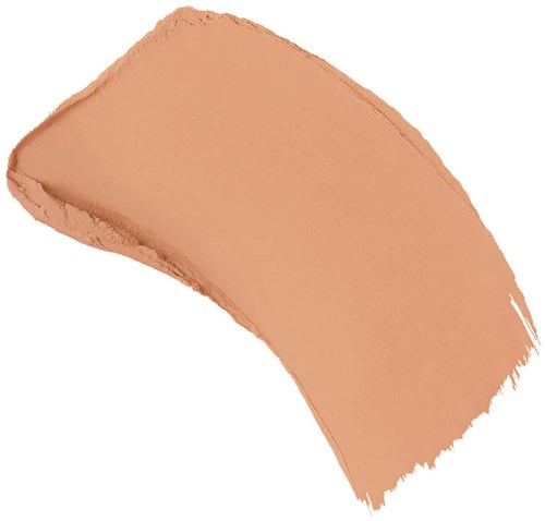 A beige, curved brush stroke with rough edges on a white background.