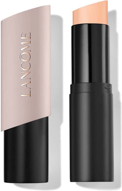 A lipstick with a pink cap and black base, partially twisted up to show the light-colored lipstick.