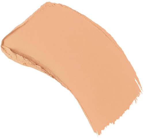 A beige makeup product swatch in a curved shape on a white background.