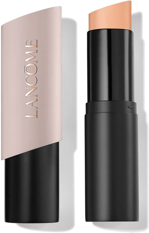A lipstick with a black case and a beige cap from Lancôme, shown both closed and open.