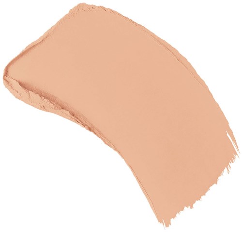 A beige-colored makeup brush stroke, arched and textured.