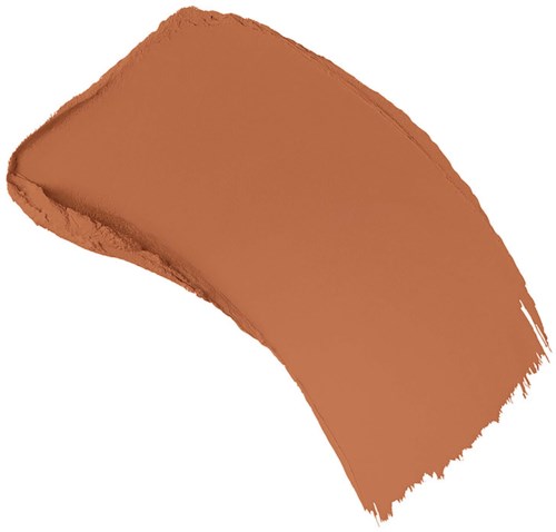 A curved, light brown paint stroke on a white background.