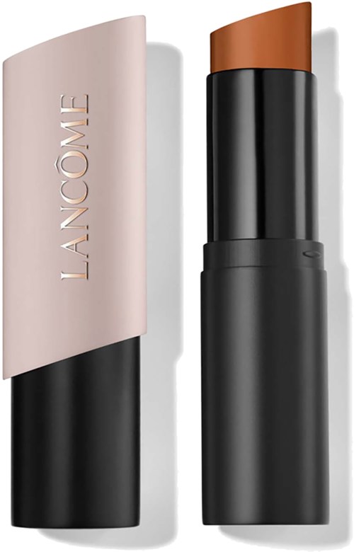 A lipstick with a beige cap and black body, branded Lancôme, with the lipstick in a natural skin tone.