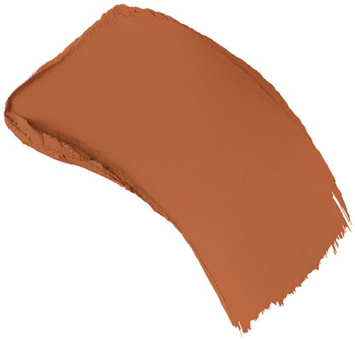 A curved, brownish-orange makeup brush stroke or smear on a white background.