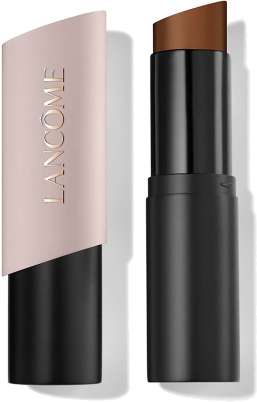 A lipstick with a black and beige case, opened to show brown lipstick inside. The case is branded Lancôme.