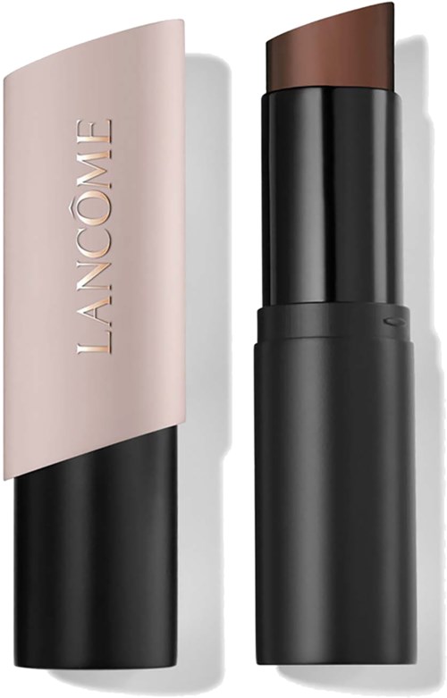 Lancôme lipstick with a beige and black sleek case. The lipstick is dark brown.