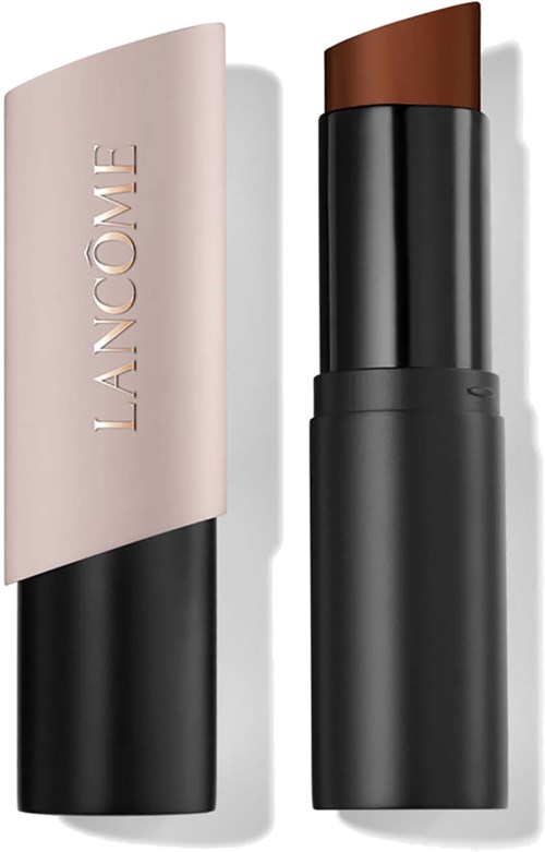 A lipstick with a black and beige case, the lipstick is brown. The brand name Lancôme is on the case.