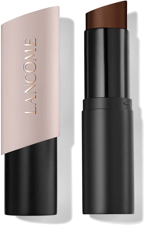 A lipstick with the brand name Lancome on the light pink cap, the lipstick itself is brown, and the body is black.