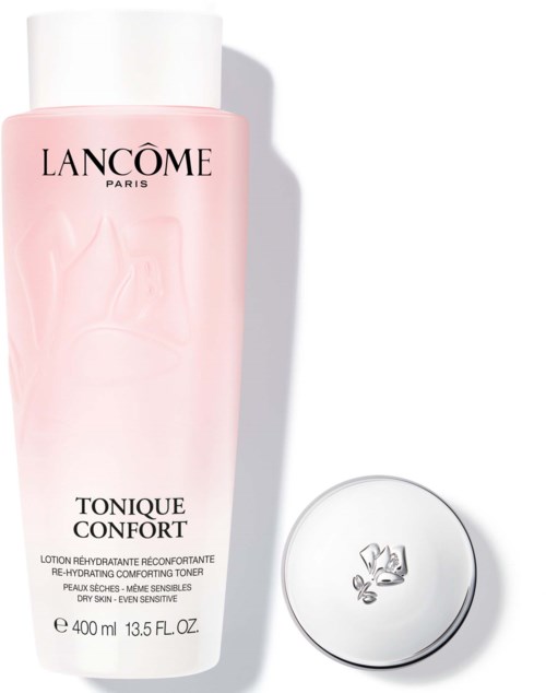 Een roze fles Lancôme-toner met een witte dop, en een ronde witte deksel met een bloemlogo.