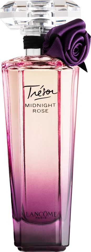 Een lange parfumfles met een paarse rozenversiering op de dop. De fles is roze en paars, gemerkt "Midnight Rose."