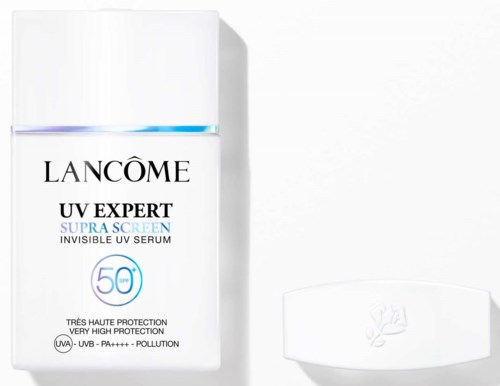 Lancôme UV Expert solkrem med SPF 50 og veldig høyt beskyttelsesnivå, i en hvit flaske på hvit bakgrunn.