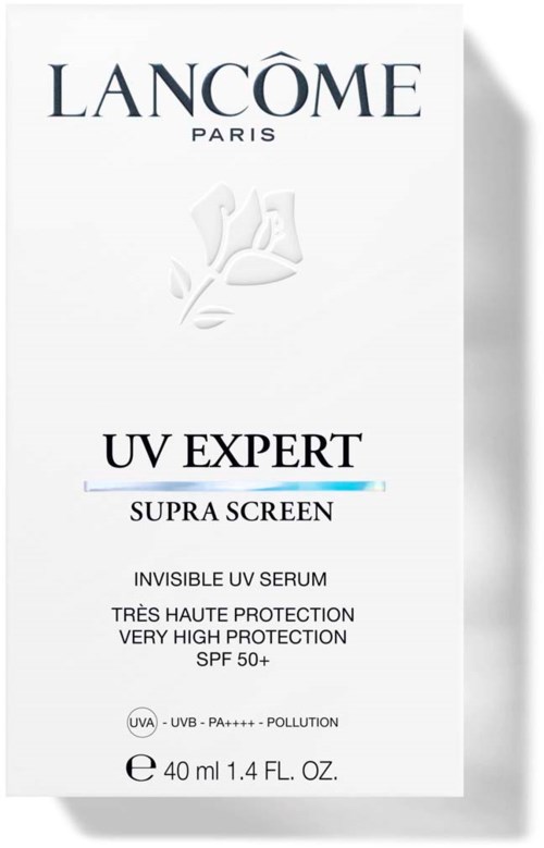 En hvit eske med teksten 'Lancôme UV Expert Supra Screen.' Gir høyt beskyttelsesnivå mot sol og forurensning.