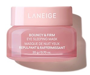 Laneige Bouncy & Firm Eye Sleeping Mask -purkkia, vaaleanpunainen, valkoinen teksti.