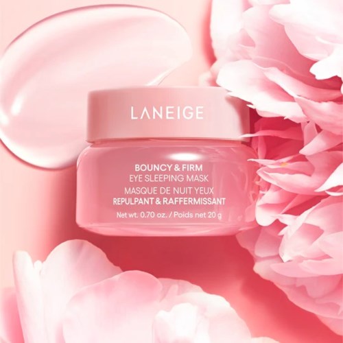Ruusukultainen Laneige-silmänaamio, ympärillä kukkalehtiä, merkinnällä 'Bouncy & Firm'.