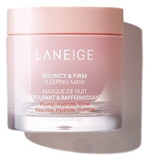 Vaaleanpunainen Laneige Bouncy & Firm Sleep Mask -purkki, jossa valkoinen teksti. Edistää kuulaan ja kosteutettuun ihoon.