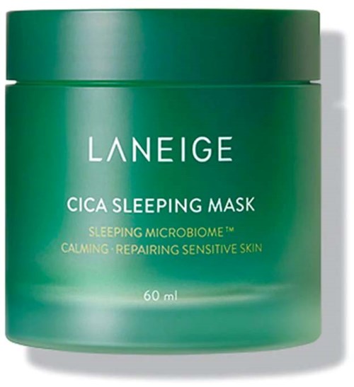 Groene pot met witte en gele tekst. Het is gelabeld als Laneige Cica Sleeping Mask, kalmerend en herstellend voor de huid.