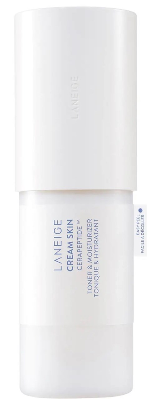 Valkoinen pullo pumpulla, merkattu "Laneige Cream Skin Toner & Moisturizer" kasvojenhoitoon.