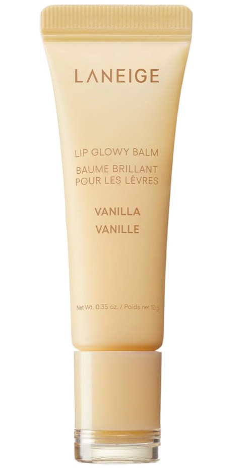 Een beige tube Laneige Vanila Lip Glow Balm met klepdeksel, gemerkt met productnaam en merk.