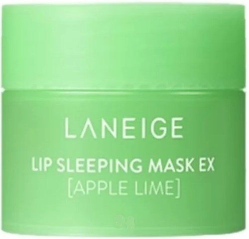 Een groene pot met Laneige Lip Sleeping Mask Ex met appel-limoensmaak. Het is een lipverzorgingsproduct.