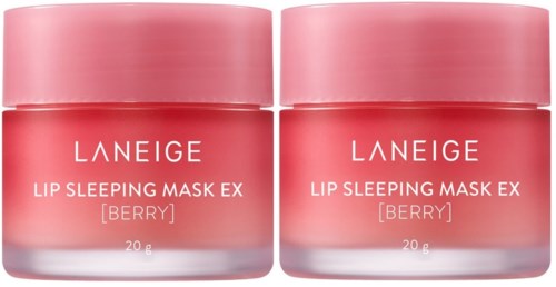 Twee roze potjes van Laneige Lip Sleeping Mask EX met bessen smaak naast elkaar.