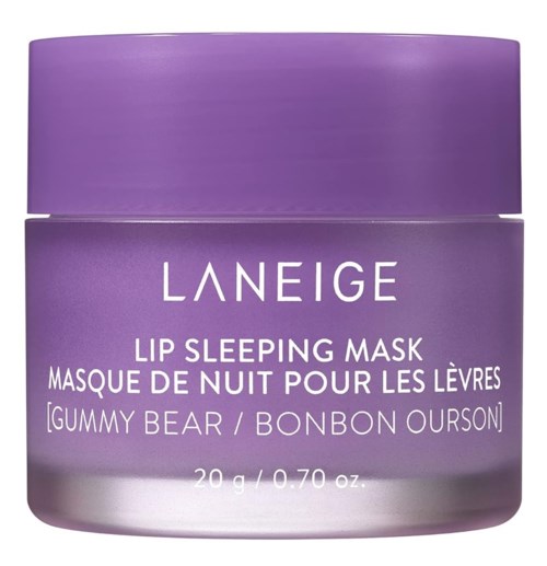 Een paarse potje met Laneige Lip Sleeping Mask met smaak Gummy Bear, 20 gram. Tekst in Engels en Frans.