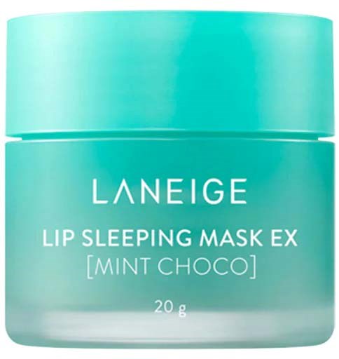 Groene pot met witte tekst die aangeeft dat het een Laneige Lip Sleeping Mask met mintsmaak is.
