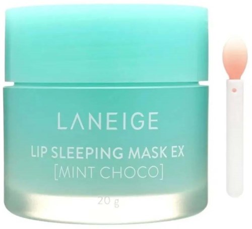 Een mintgroene pot Laneige Lip Sleeping Mask met een kleine witte applicator ernaast.