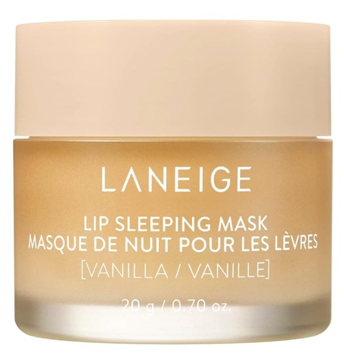 Kleine pot Laneige Lip Sleeping Mask met vanillesmaak, voor nachtelijke lipverzorging.