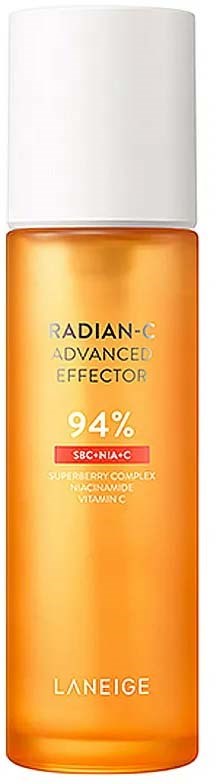 En liten oransje flaske med hvit topper, merket Laneige Radian-C Advanced Effector 94% med ingrediensliste.
