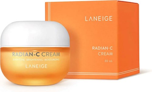 Een gele-oranje pot Laneige Radian-C Cream met witte dop en een oranje doos erachter.